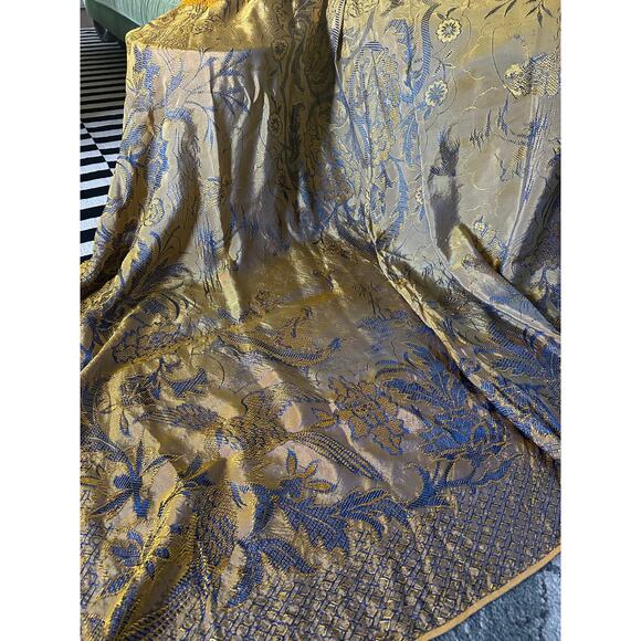Iridescent Asian Silk (?) Jacquard Brocade Bedspread Textile Fringe Blue Gold